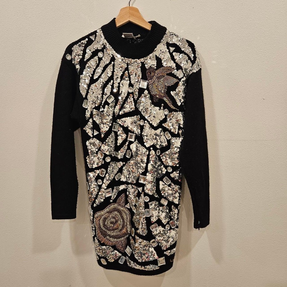 Vintage Neiman Marcus Semplice Sweater 100% Wool Petite Black Sequins Tunic